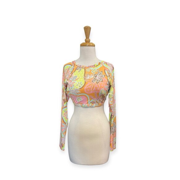 Roxy Delic Long Sleeve Crop Rashguard Size XL Orange and Pink Floral - Picture 1 of 8